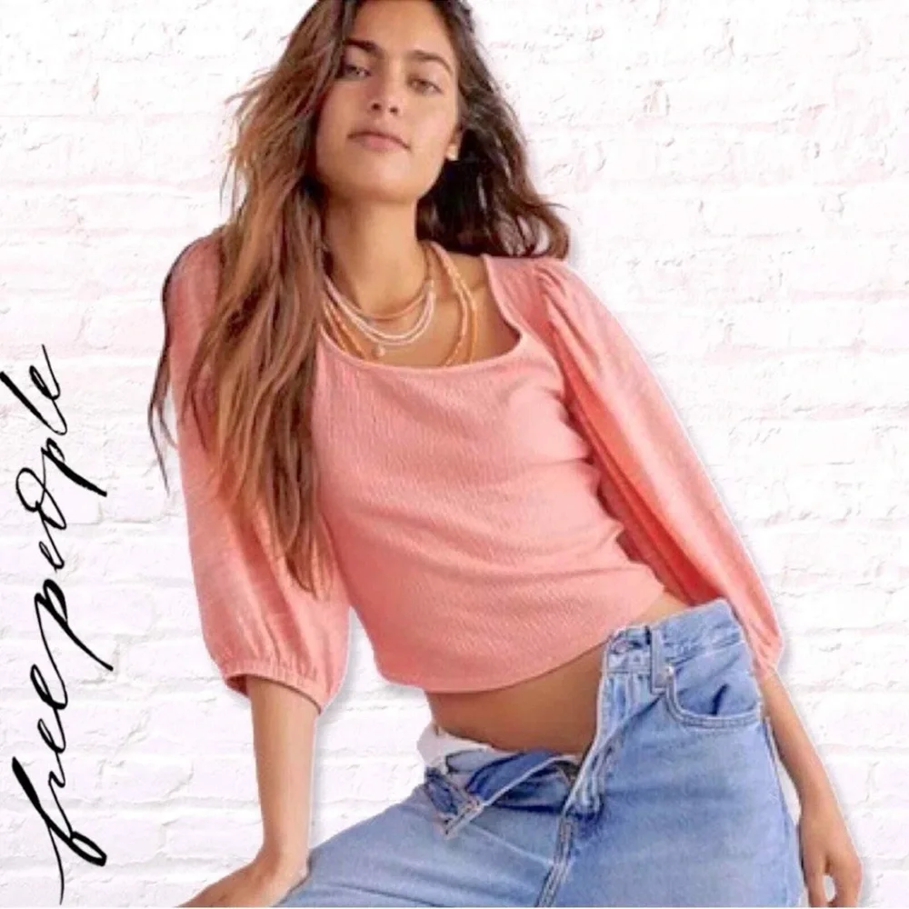 Free People Day Lily Puff Sleeve Blouse Top Size SM Coral Pink